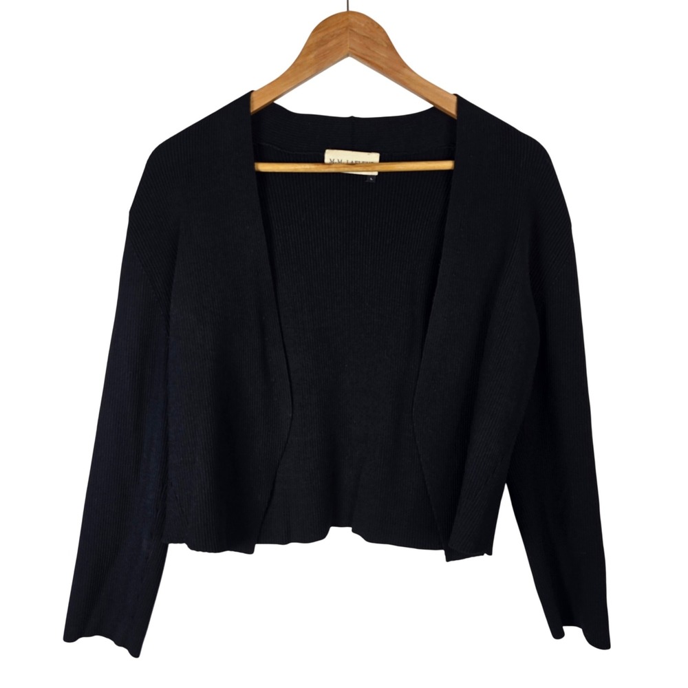 M.M. LaFleur Black Ribbed Knit Open Front Cardigan Cropped‎ Sweater Size L